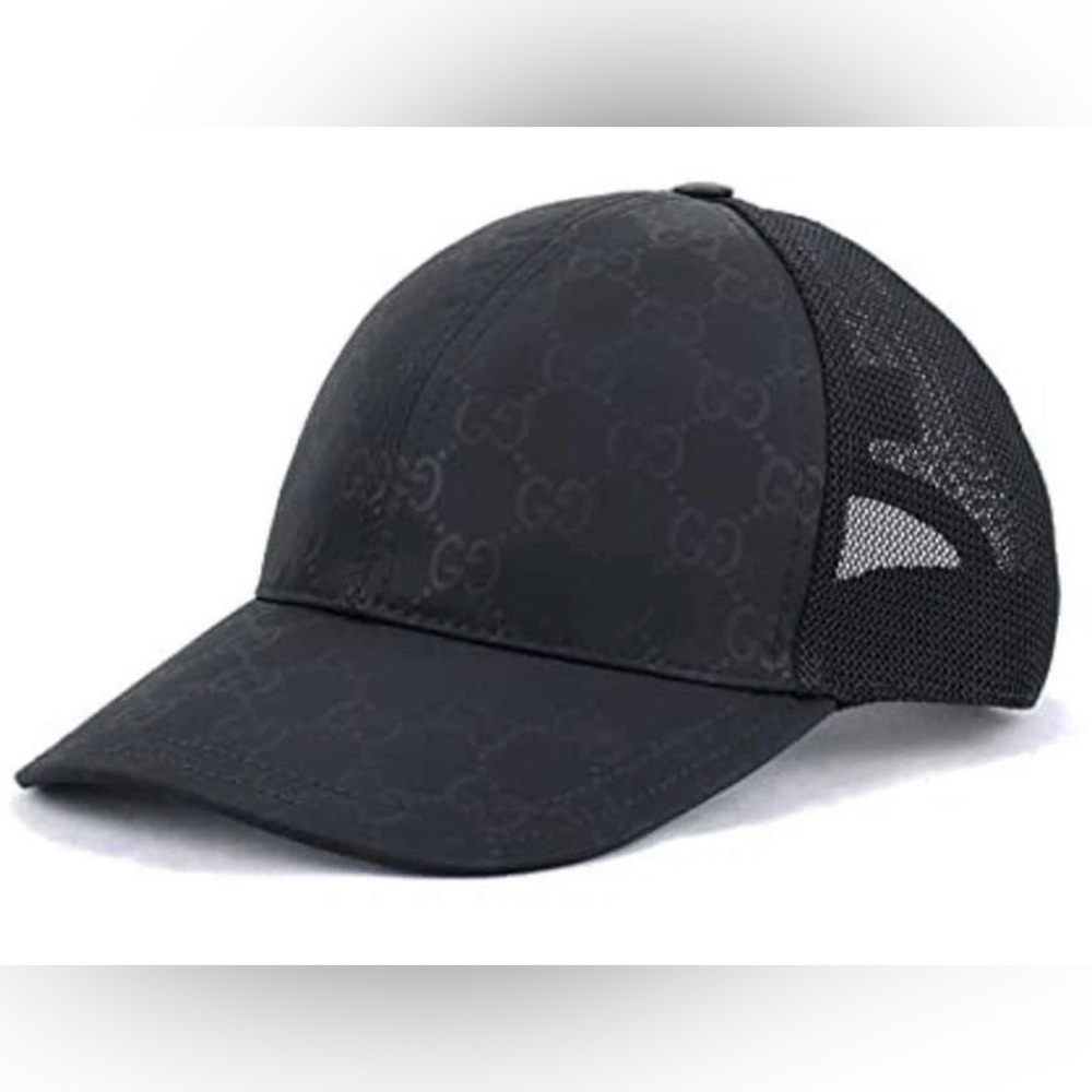 NEW GUCCI BLACK GG PRINT NYLON MESH BASEBALL LOGO CAP HAT 58/MEDIUM UNISEX